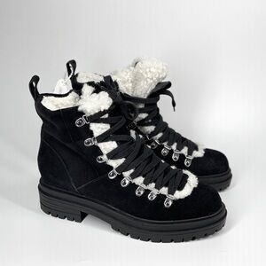 Steve Madden Resa Black Suede Shearling Boots Hiking Lace Up Platform Size 7